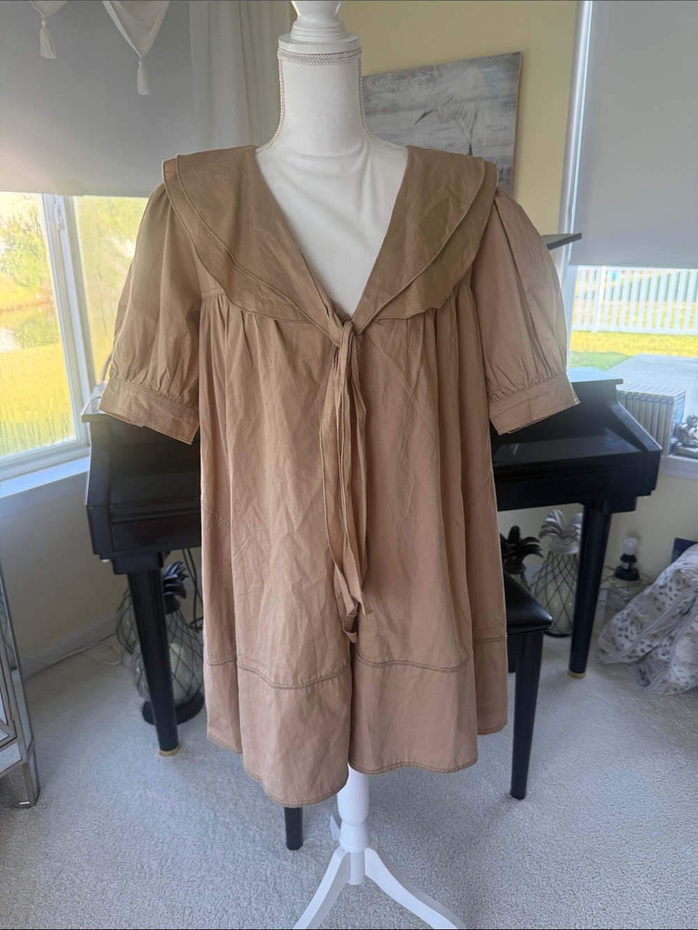 Pilcro babydoll cotton dress puff sleeves beige neutral embroidered